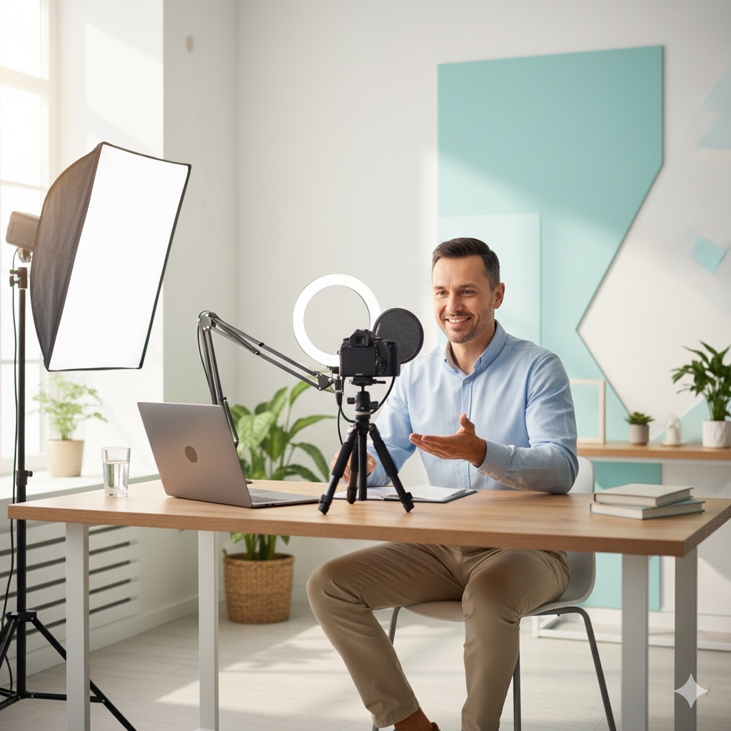 Instructor recording an online lesson with camera and laptop in a bright workspace