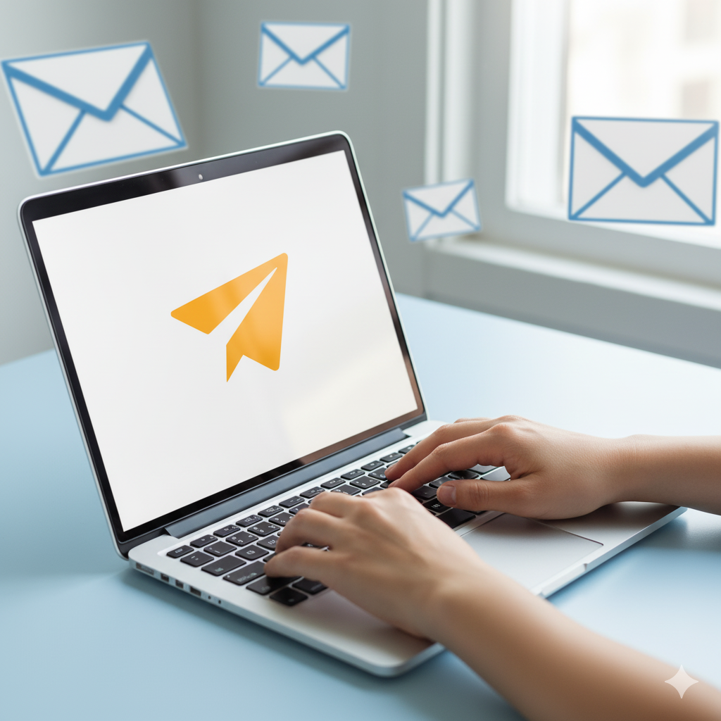 Laptop with flying paper airplane icons representing newsletter subscription and connection